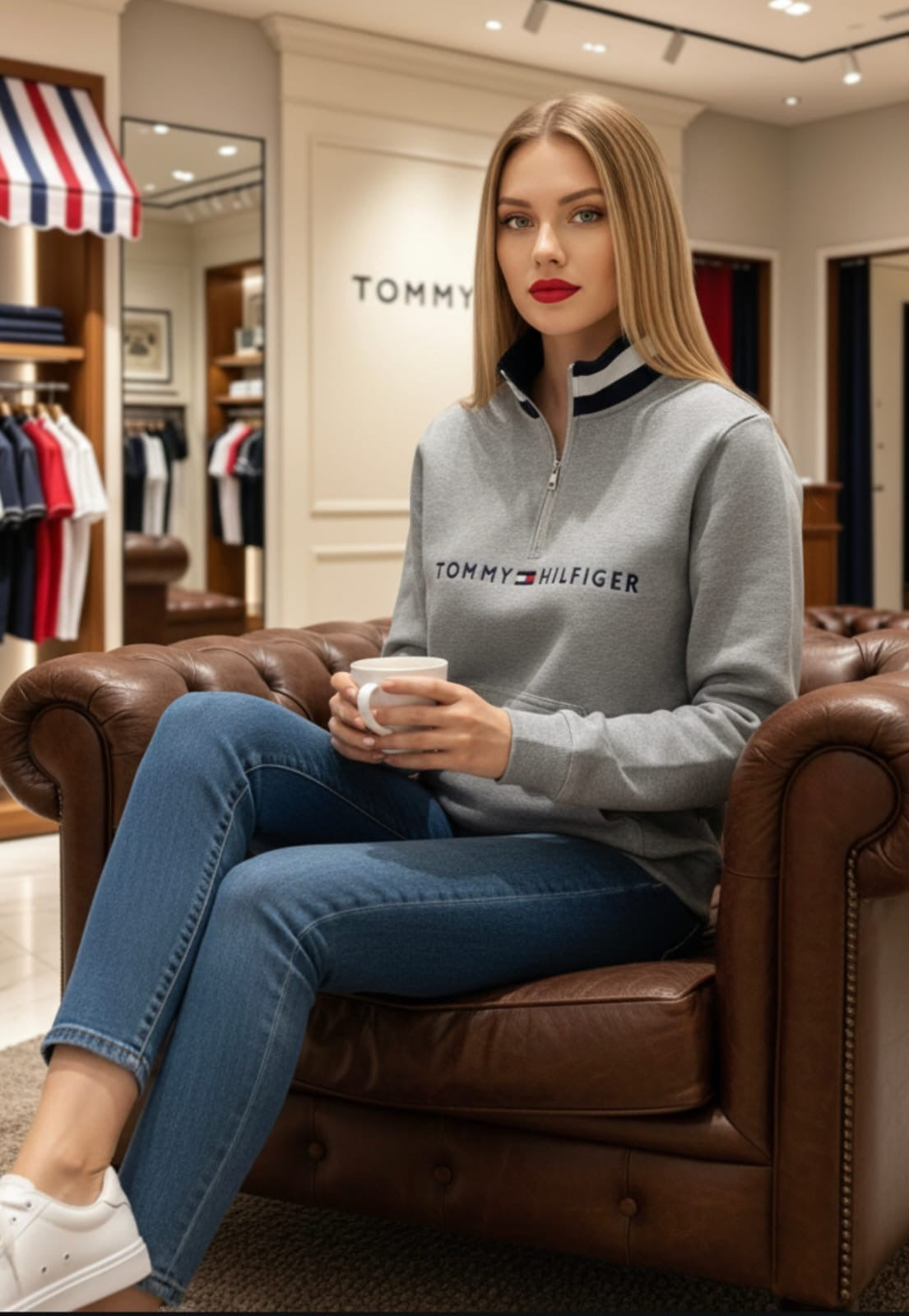 Polera Tommy Hilfiger medio cierre y cuello tejido