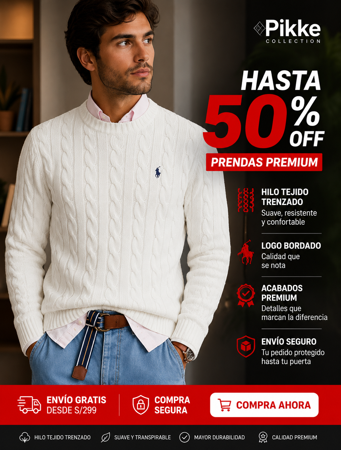 Chompas trenzas RALPH Lauren hilo tejido para caballero