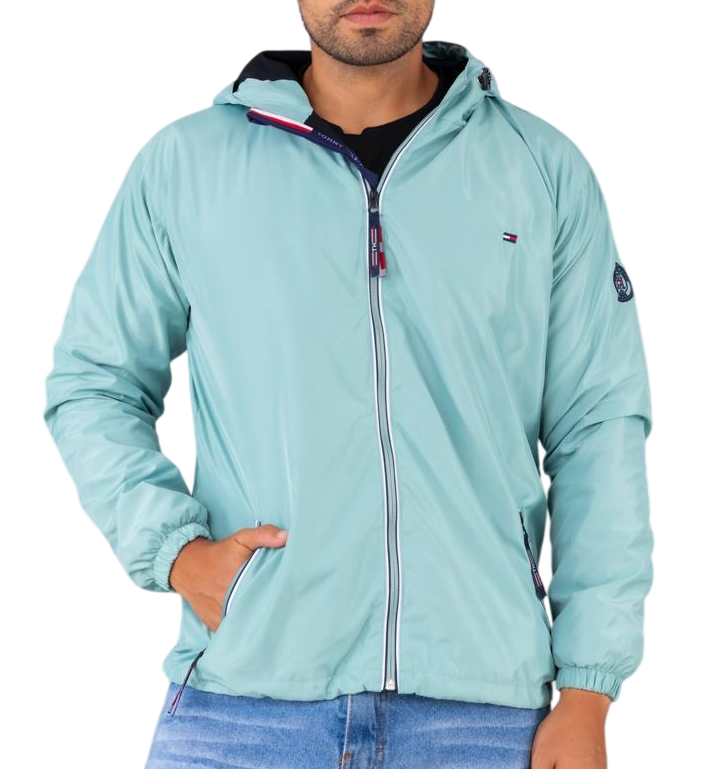 Casaca Tommy H con capucha impermeable verde agua