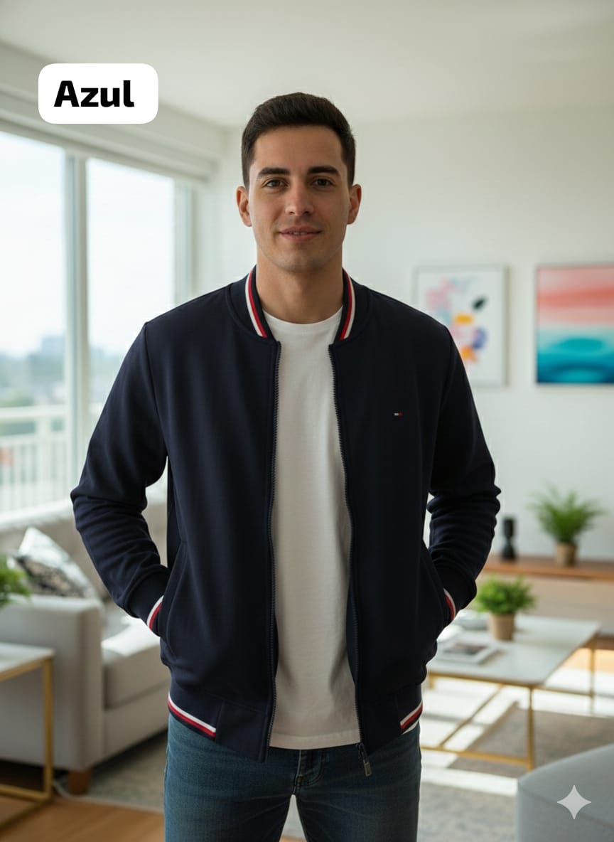 Casaca Tommy H con puños cuello y pretinas tejidas en Franela