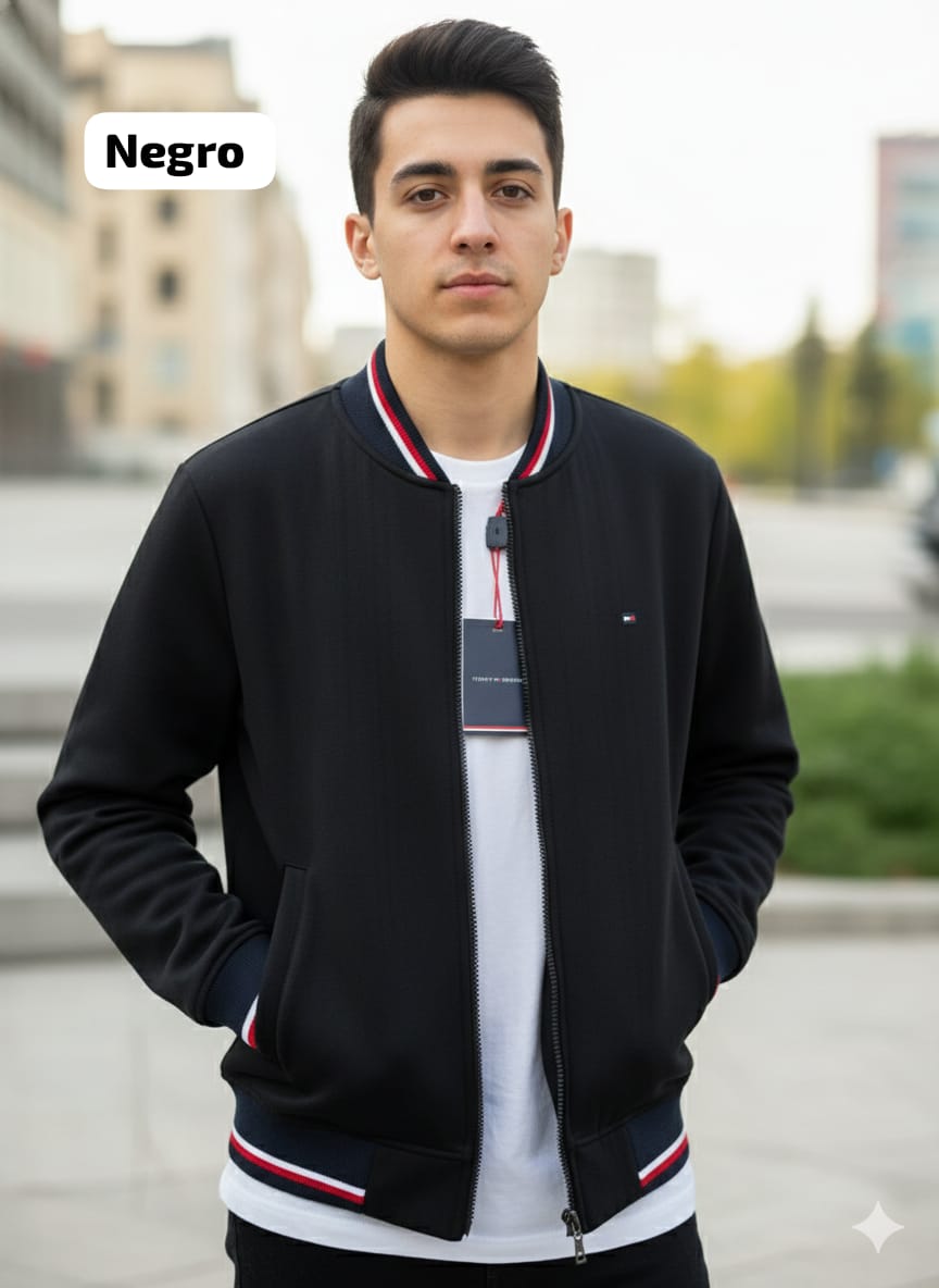 Casaca Tommy H con puños cuello y pretinas tejidas en Franela