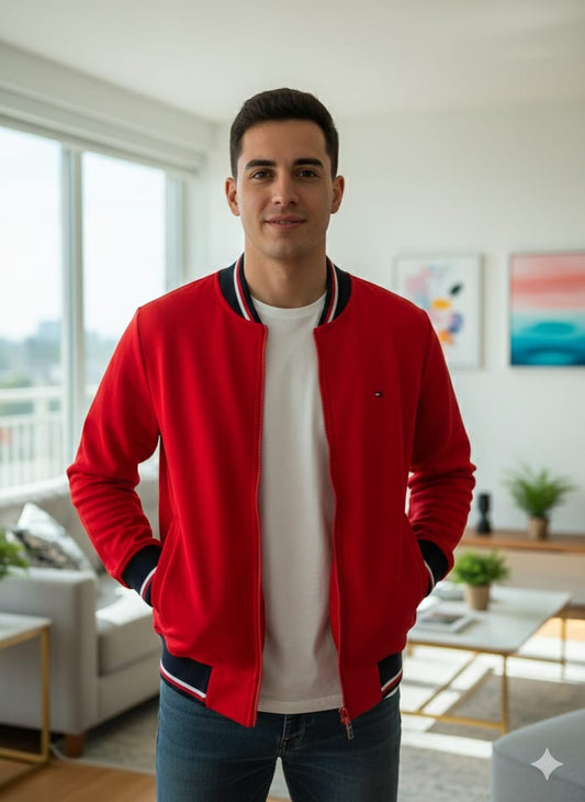 Casaca Tommy H con puños cuello y pretinas tejidas en Franela